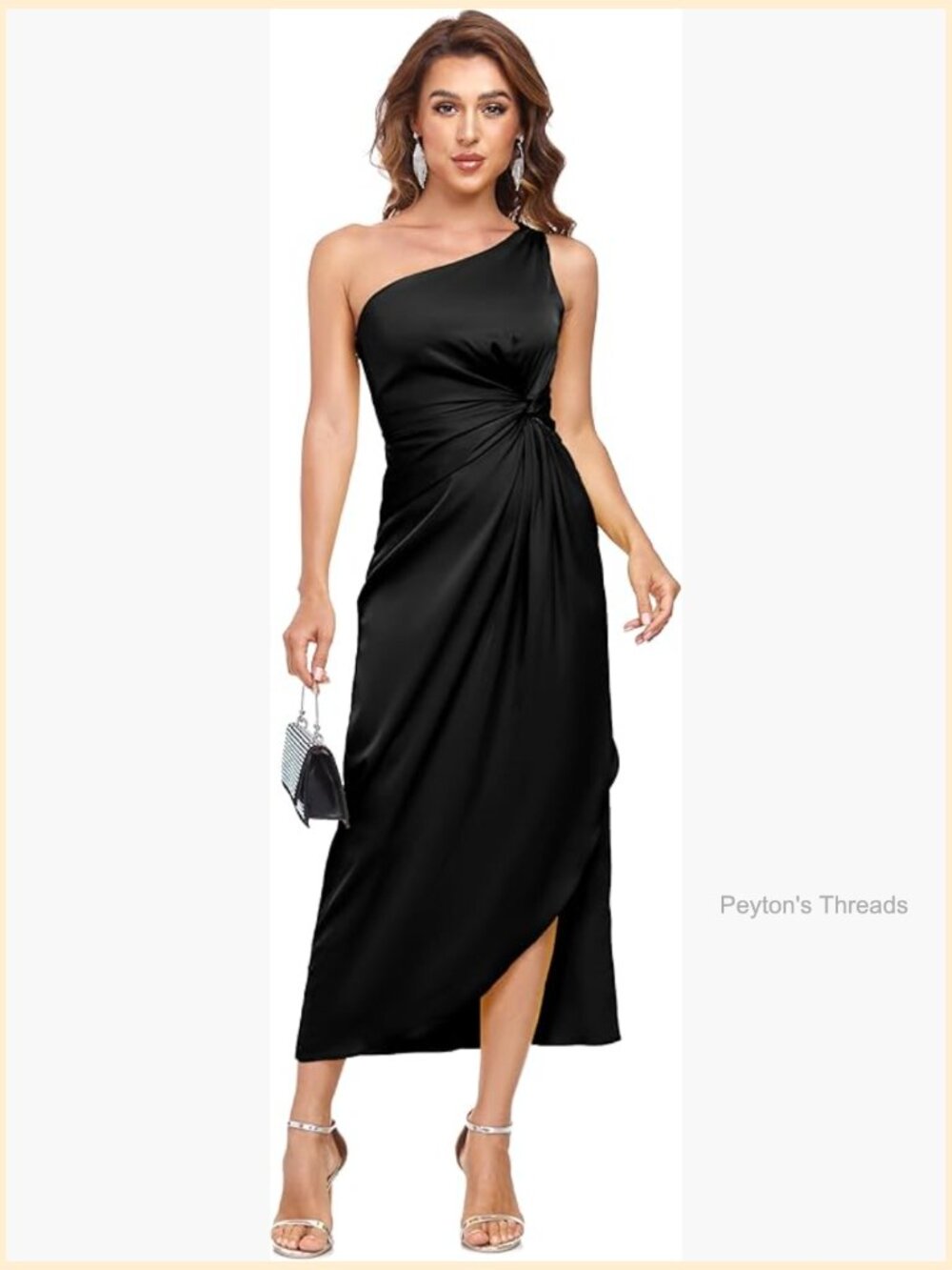 One Shoulder Satin Backless Split Wrap Midi Cocktail Dress